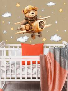 1pc Airplane, Teddy Bear, Sunflower, Cat Cartoon Warm Home Decor Wall Sticker Background - Multicolor - View 5