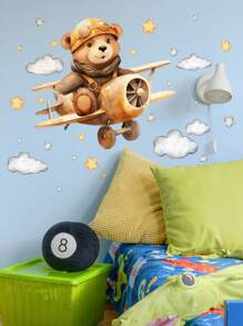 1pc Airplane, Teddy Bear, Sunflower, Cat Cartoon Warm Home Decor Wall Sticker Background - Multicolor - View 2