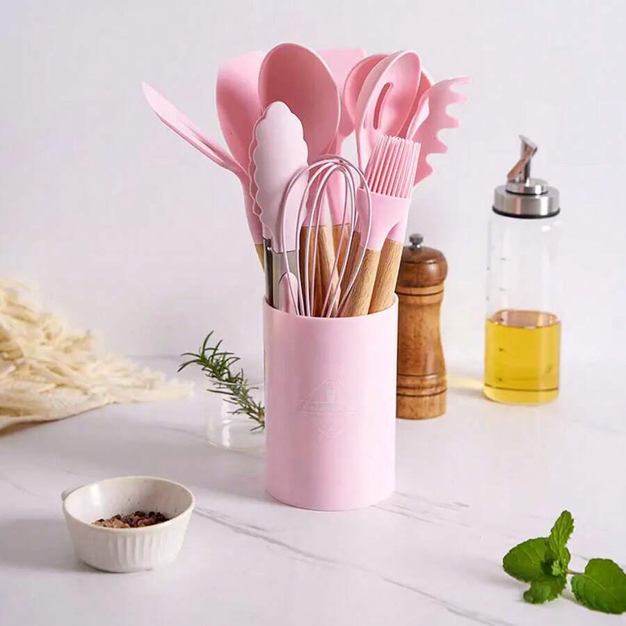12pcs/Set Kitchen Silicone Utensil Set, Non-Stick Cooking Tools With Wooden Handle, Modern Washable Kitchenware, Kitchen Accessories, Kitchen Gadgets, Kitchen Essentials - Pink - View 1