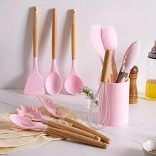 12pcs/Set Kitchen Silicone Utensil Set, Non-Stick Cooking Tools With Wooden Handle, Modern Washable Kitchenware, Kitchen Accessories, Kitchen Gadgets, Kitchen Essentials - Pink - View 4