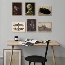 Conjunto de 6 carteles de lona para decorar habitaciones estilo Dark Academia - Decoración para el hogar gótica, Gato negro, cráneo, búho, mariposa, imágenes estéticas de Dark Academia, carteles espeluznantes de arte gótico, Arte de pared para decoración de habitaciones en negro, marcos impermeables sin marco - Idea de regalo ideal