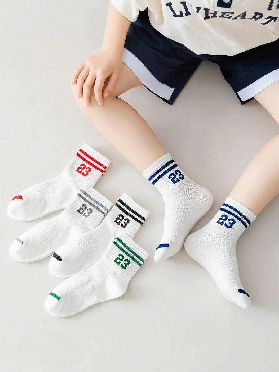 5 pares de calcetines hasta la pantorrilla de media temporada con cintura elástica alta y rayas jacquard para niños - Multicolor - Ver 1