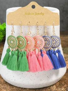 TopHanqi Bohemian Style Vacation Wind Fabric Plain Tassel Multiple Sets Combination Suit In Yellow, Beige, Blue, Green, Pink, Sapphire, Purple, White, Red, Black, Oil-Painting, And Gold; Including Alloy Pendant And Earrings In Flower Shape, Suitable For Women's Daily Life, Work, Travel, Street Snap; Perfect For Easter Party And Four Seasons Wear. Minimalist, Stylish, Personalized, And Lively, Multitude Of Styles Are Available.