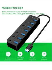 4或7口usb Hub擴展器usb3.0/usb2.0 Hub分配器,多7合1口usb開關,輕巧便攜帶燈,適用於電腦,筆記本電腦,手機,閃存盤,滑鼠,讀卡器,鍵盤,遊戲設備,mp3播放器,硬盤驅動器等,pc,book,pro,mini,i,surface Pro手機otg轉接器,打印機,相機,usb扇或任何其他usb外設等等 - 黑色 - 查看 2