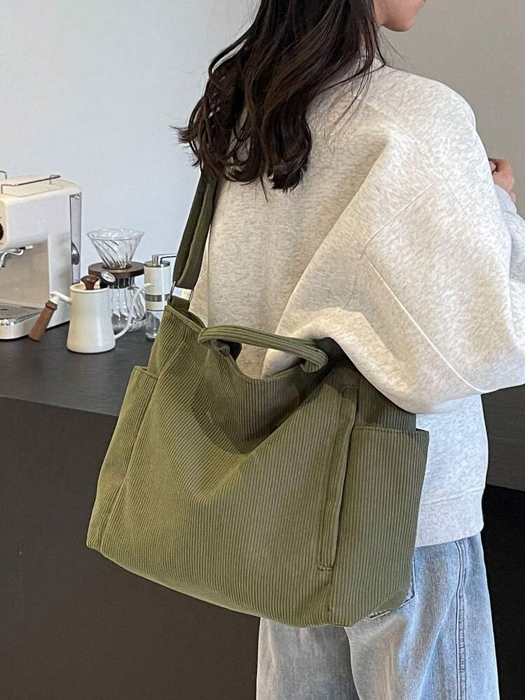 Simple Versatile Solid Color Shoulder Bag For Women, Fashion Hobo Tote Bag Casual Multi Pocket Large Capacity Purse Crossbody Bucket Bag, Vintage Satchel Bag For Outdoor Travel Commuting Work, Handbag Shopping Bags Can Hold IPad - Green - View 4