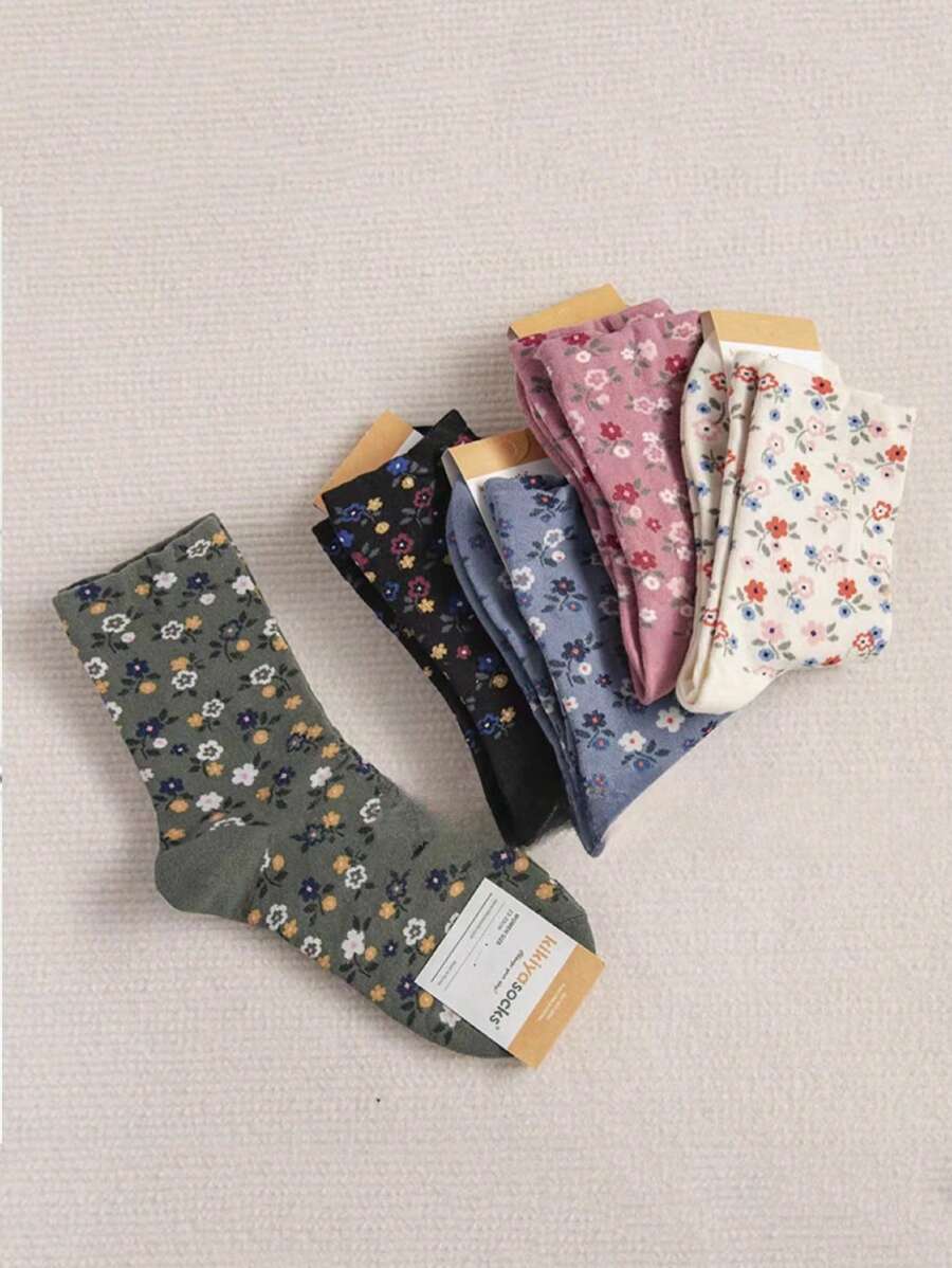 5pairs Random Delivery Floral Design Mid-Calf Socks For Autumn And Winter