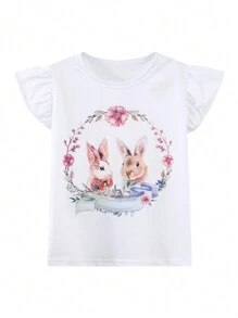 3 pièces T-shirt à manches courtes Cap des jeunes filles pour Pâques, haut imprimé de lapin dessin animé rond col animal, t-shirt décontracté respirant et confortable