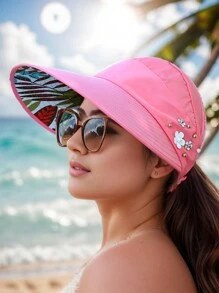 1 pezzo Nuovo cappello da secchio alla moda per donne, da viaggio e all aperto, con protezione solare, a tesa larga e pieghevole, con foro per la coda di cavallo, decorato con perle finte e motivo a foglie, adatto per uso casual quotidiano