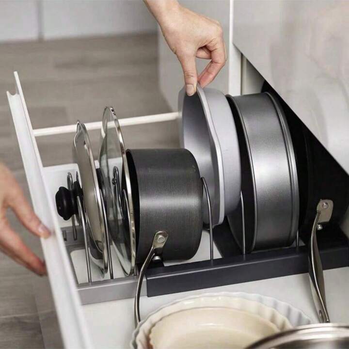 1pc Retractable Cutlery Cover And Dish Rack Set Satin Nickel Silver Kitchen Storage Rack Vertical Plate Rack Pot Cover Chopping Board And Biscuit Separator Plate 7 Layers Cabinet Countertop Display Ad...