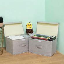 1pc Foldable Linen CD Storage Box, Collapsible Storage Bin With Lid, Toy Organizer Basket, Laundry Hamper - Camel - View 5