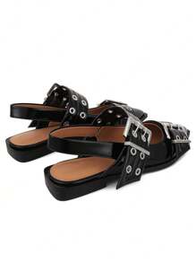 Women Metal Double Buckle Belt Decor Chunky Low Heel Comfort Pointy Toe Pumps Punk Back Strap Single Flat Shoes - màu đen - Xem 8