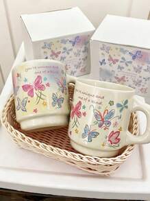1 szt. Malowany ręcznie kolorowy ceramiczny kubek motyla, stylowy kubek do kawy z tęczowym motylem dopaminy, bardzo atrakcyjny kubek na wodę dla najlepszego przyjaciela, słodki kubek na mleko dla pary, odpowiedni do salonu, jadalni, biura, akademika z powrotem do szkoły