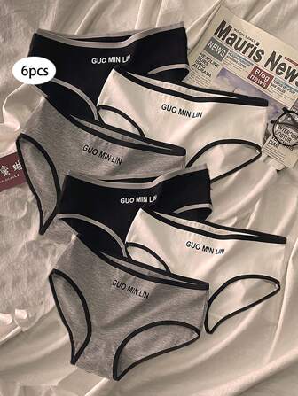 6入組簡約運動中腰三角內褲，帶字母印花