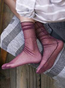 1 Pair Women's Silver & Gold Thread Frill Trim Mid-Calf Socks, Thin Mesh Sheer Stockings, Shiny Glitter Net Yarn Socks, Spring/Summer - Burgundy - View 4