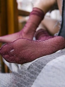 1 Pair Women's Silver & Gold Thread Frill Trim Mid-Calf Socks, Thin Mesh Sheer Stockings, Shiny Glitter Net Yarn Socks, Spring/Summer - Burgundy - View 5