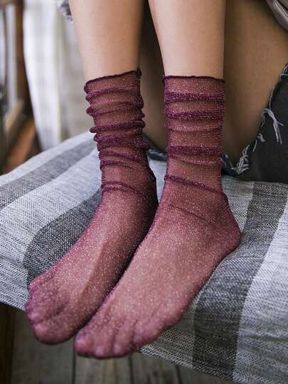 1 Pair Wine Red Shimmer Mesh Socks With Silver Glitter Mesh Overlay And Metallic Thread Stretch Knit Ruffle Edges, For Women, Fall