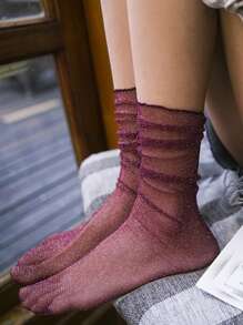 1 Pair Women's Silver & Gold Thread Frill Trim Mid-Calf Socks, Thin Mesh Sheer Stockings, Shiny Glitter Net Yarn Socks, Spring/Summer - Burgundy - View 3