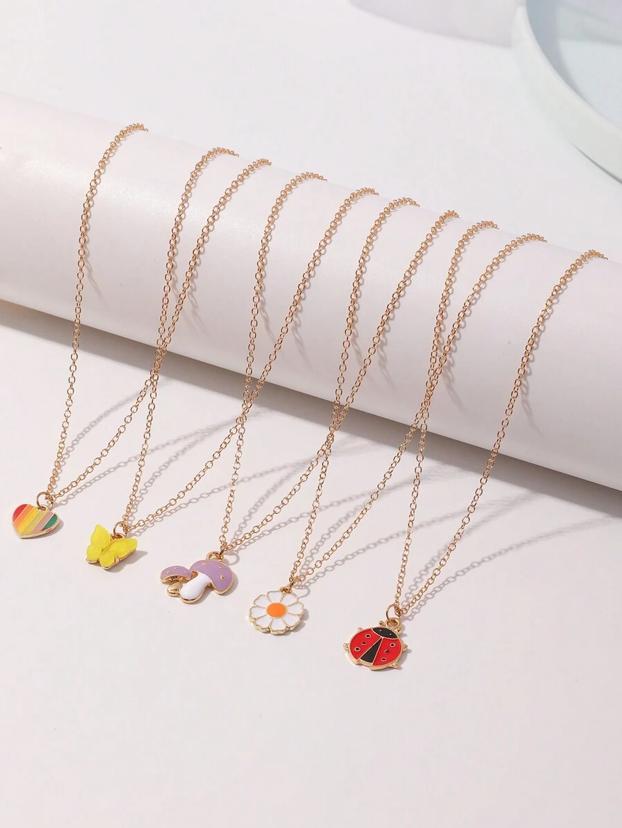5入組兒童金鍊蘑菇心形蝴蝶層次項鍊 - 彩色 - 查看 1