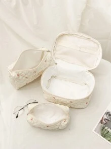 白色花卉绗缝 3 件化妆包套装，包括内袋、手提包和刷子包，返校必需品化妆包化妆包化妆品收纳盒化妆品收纳 - 彩色 - 查看 4