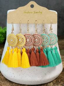 TopHanqi Bohemian Style Vacation Wind Fabric Plain Tassel Multiple Sets Combination Suit In Yellow, Beige, Blue, Green, Pink, Sapphire, Purple, White, Red, Black, Oil-Painting, And Gold; Including Alloy Pendant And Earrings In Flower Shape, Suitable For Women's Daily Life, Work, Travel, Street Snap; Perfect For Easter Party And Four Seasons Wear. Minimalist, Stylish, Personalized, And Lively, Multitude Of Styles Are Available.