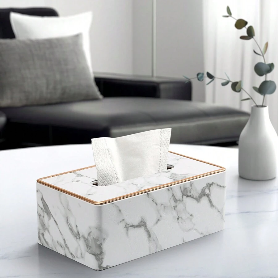 Hộp đựng khăn giấy họa tiết đá cẩm thạch viền vàng bằng da PU trang trí phòng tắm gia đình, đồ dùng phòng tắm, trang trí mùa thu trở lại trường học - Đen và trắng - Xem 1