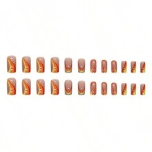 24pcs/Set Medium Length European Ins Style French Nail With Glitter In Warm Colors Like Red, Yellow And Orange For Manicure With Wavy Designs - Multicolor - View 3