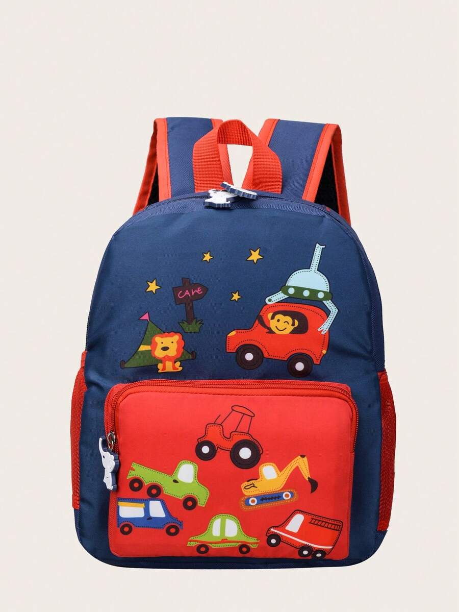 1pc Kids' Cartoon Car Printed Nylon Zipper Closure Cute Backpack, Suitable For Outdoor, Kindergarten Daily Use (Pattern Random) - Red - View 1