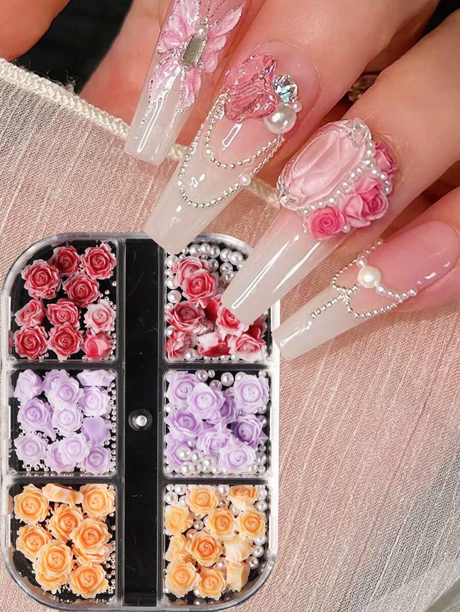 6 lưới 3D Hoa hồng Móng tay Đối với Acrylic Móng tay Biến đổi dần Ánh sáng Màu hồng Hoa hồng Hoa Nghệ thuật làm Móng Với Kích thước hỗn hợp Ngọc trai Hạt Nhựa Hoa hồng Thiết kế hoa Tinh tế Nghệ thuật làm Móng Đồ trang trí Phụ kiện