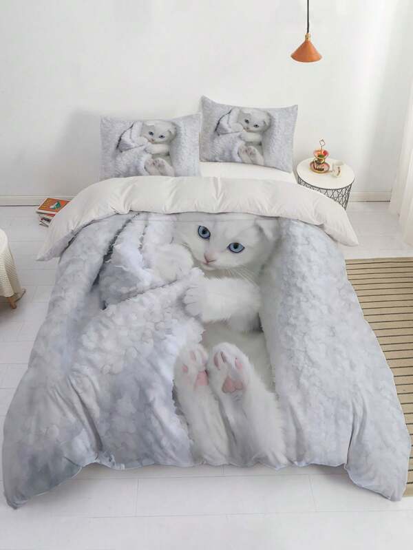Conjunto De 3 Piezas De Cubierta De Edredón Con Patrón De Gato Blanco Y Lindo (1 * Funda De Edredón + 2 * Funda De Almohada, Sin Núcleo), Cubierta De Edredón Cómoda En 3d Con Temática Animal, Ropa De Cama Suave De Poliéster Adecuada Para Niños, Adolescentes, Niñas Y Niños