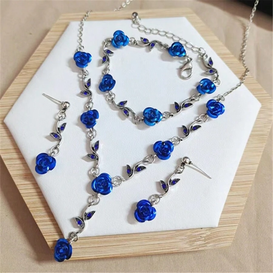 1set Vintage Rose Flower Design Jewelry Set Including Necklace, Bracelet & Earrings Decoration With Rhinestone For Women - Red/Blue Valentines