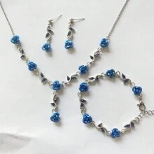 1set Vintage Rose Flower Design Jewelry Set Including Necklace, Bracelet & Earrings Decoration With Rhinestone For Women - Red/Blue Valentines - Blue Rose Jewelry Set - View 3