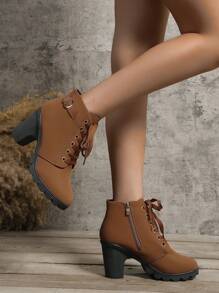 Elegant Women Fashion Boots With Rhinestone Decor, Lace Up Front, Side Zipper & Chunky Heel