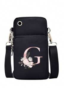 女士手机包，字母图案印花时尚迷你斜挎包，运动臂包和跑步腕包，迷你休闲斜挎手机包，带耳机孔和方便的配件，适合户外活动手机轻便时尚白领上班族大学工作商务通勤办公室周年纪念情侣生日礼物 - 黑色 - 查看 26