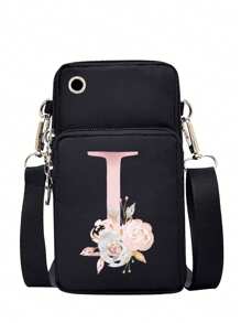 女士手机包，字母图案印花时尚迷你斜挎包，运动臂包和跑步腕包，迷你休闲斜挎手机包，带耳机孔和方便的配件，适合户外活动手机轻便时尚白领上班族大学工作商务通勤办公室周年纪念情侣生日礼物 - 黑色 - 查看 25