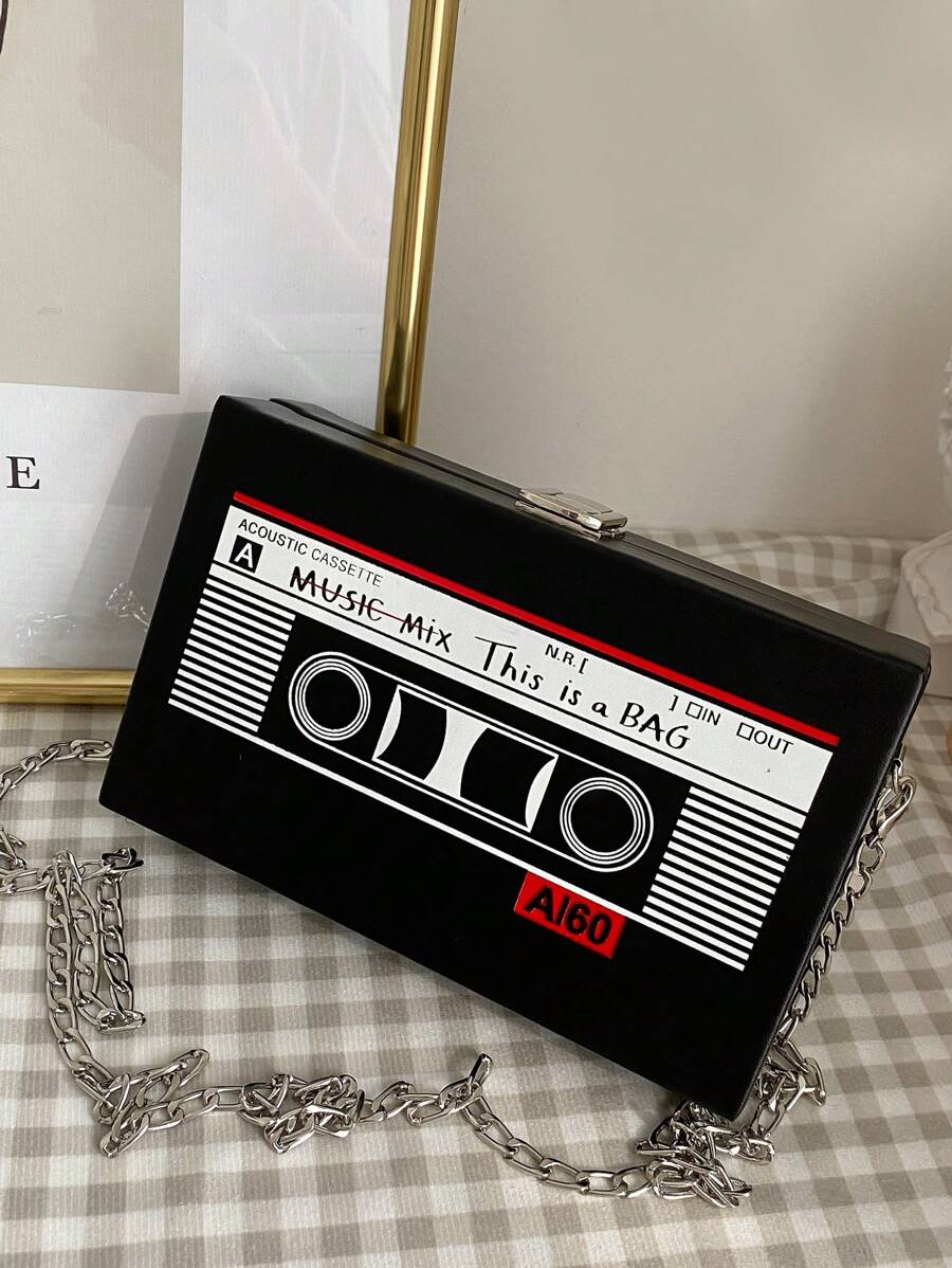 Unique Design Vintage Style Personalized Radio & Cassette Tape Chain Shoulder Bag - Black - View 1