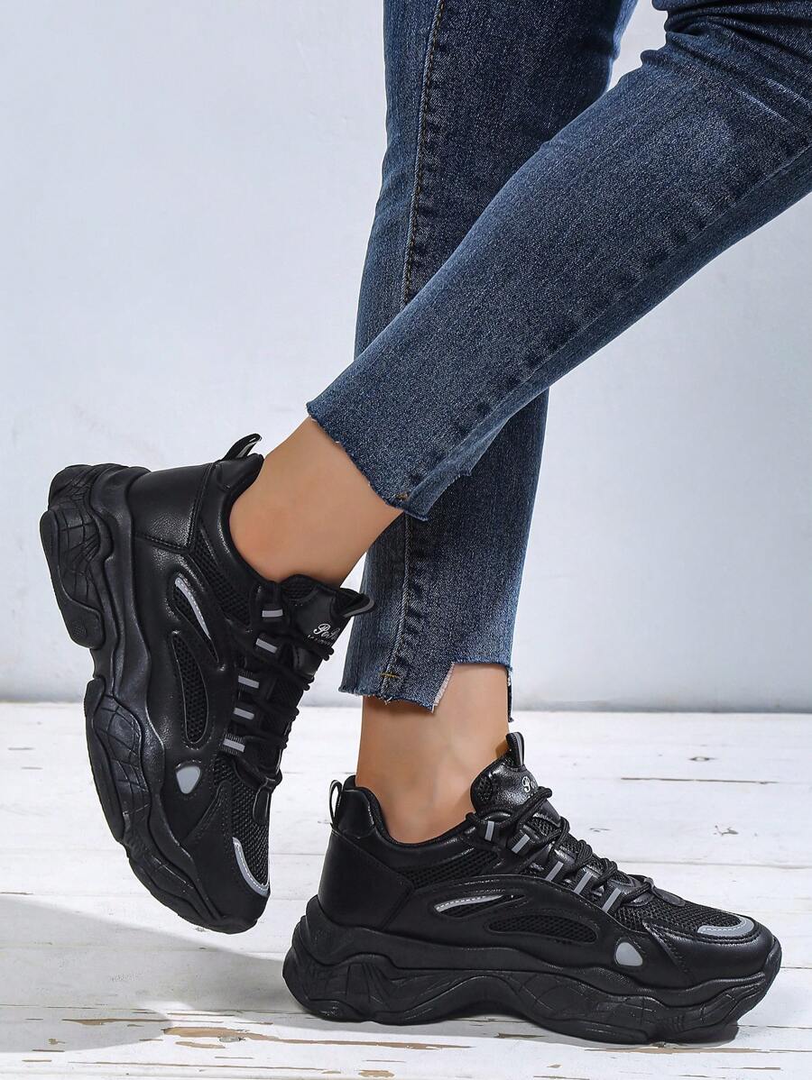 Women S Black Sneakers Sale 2026.Women's Black Shoes, British Style Lace-Up Fabric Sneakers, Thick Sole ...