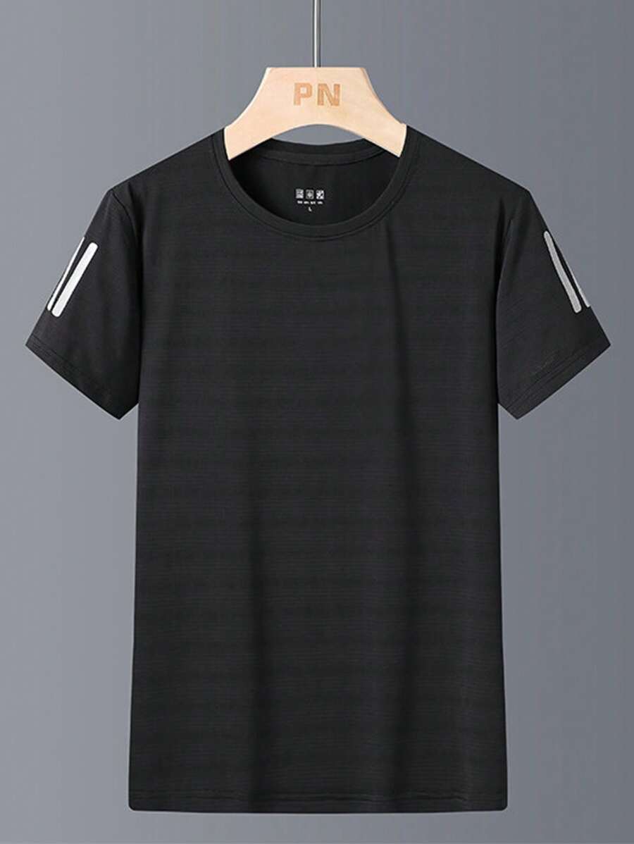 Summer Workout Women's Reflective Stripe Embossed Ice Silk T-Shirt, Quick Dry, Loose Casual Sports Short Sleeve Tee - Black - View 1