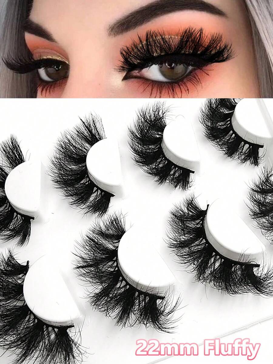 Asiteo 4 Pairs 22mm Curling Fake Lashes ,Faux Mink Dramatic Volume False Eyelash, Wispy Natural Fluffy Eyelashes Extension Makeup Tool - 黑色 - 查看 1