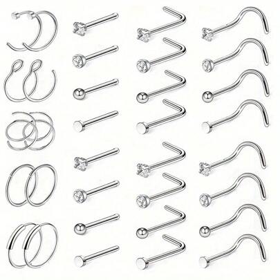 34pcs Stainless Steel Nose Stud And Hoop Set With Crystal Nose Stud, Round Disc Nose Stud And Ball Shaped Nose Stud Daily Unisex Nose Ring Collection