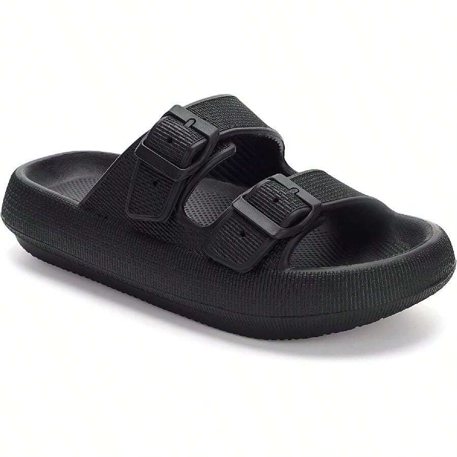 Haute Edition Women's Two Buckle Foam Pillow Cloud Slides - Black - View 1