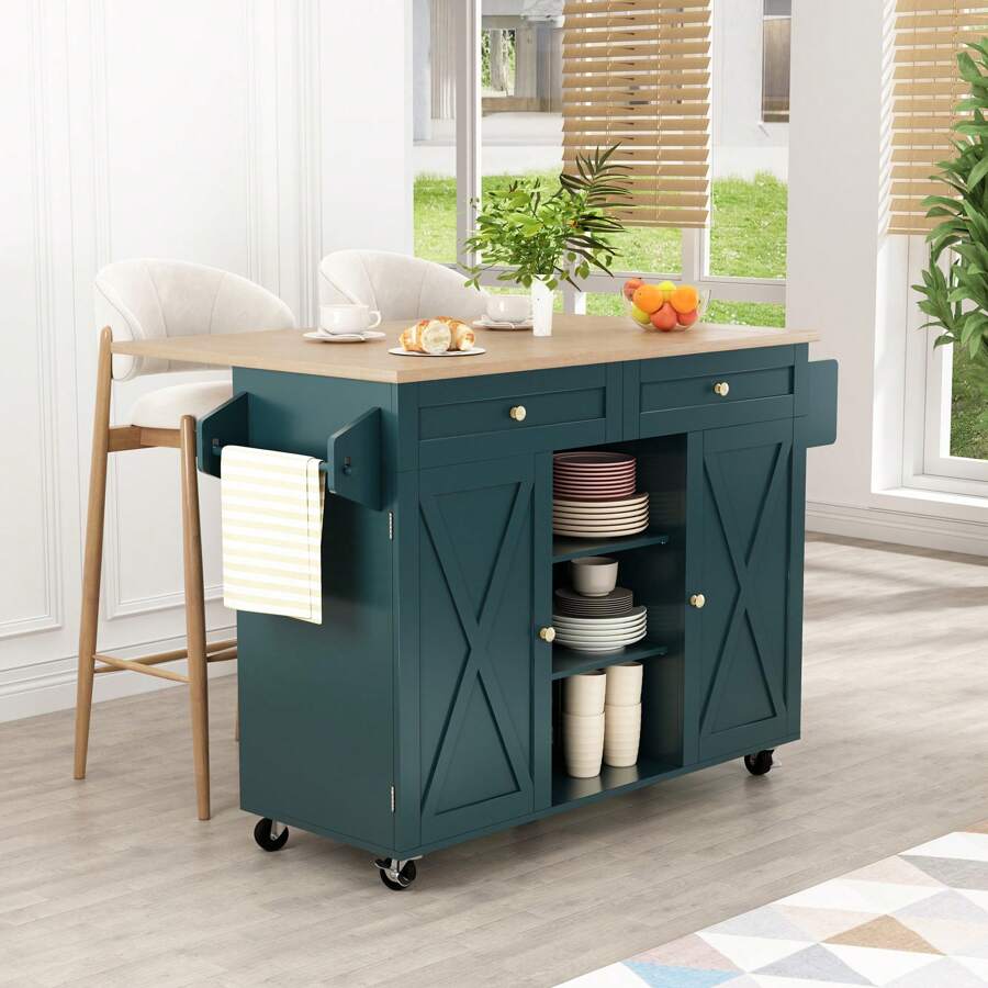 HLR-Kitchen Island On Wheels, Rolling Kitchen Island Cart With Drop ...
