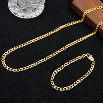 2pcs Simple Titanium Steel Chain Necklace Set, 18k Gold Plated Stainless Steel Jewelry For Men Or Couples