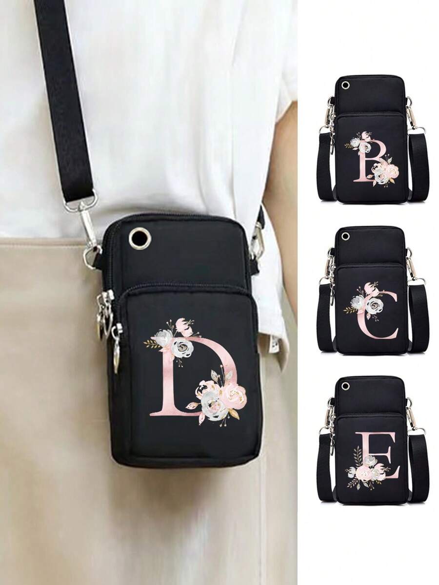 女士手机包，字母图案印花时尚迷你斜挎包，运动臂包和跑步腕包，迷你休闲斜挎手机包，带耳机孔和方便的配件，适合户外活动手机轻便时尚白领上班族大学工作商务通勤办公室周年纪念情侣生日礼物 - 黑色 - 查看 1