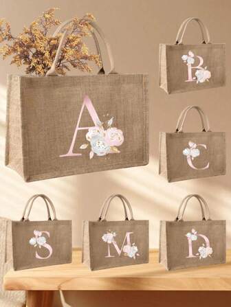 Letter Printed Linen Large Capacity Tote Bag, Thank You Gift Ladies Linen Bag Large Capacity Tote Bag Graduation Gift, Letter Printed Fashion Tote Bag School Gift Beach Vacation, Handbag, Handmade Shopping Bag, Casual Gift Bag, Fashion Shopping Bag, Fashion Multifunctional Shopping Bag , Reusable Grocery Shopping Bag, Gift, Gift For Family, Aunt, Mom, Teacher, Friends, Letters (A-Y)