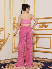 少女3D花朵無肩帶上衣和閃閃發光的寬褲 - 粉色 - 查看 2