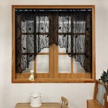 1 Panel Country Black Bird Embroidery Lace Short Curtain Valance For Kitchen, Dining Room, Small Window,Half Curtain, Rod Pocket Top - Black - View 1