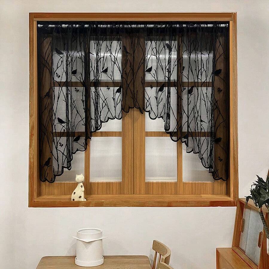 1 Panel Country Black Bird Embroidery Lace Short Curtain Valance For Kitchen, Dining Room, Small Window,Half Curtain, Rod Pocket Top - Black - View 1
