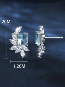 1pc Simple Sea Blue Rectangular Shape Cubic Zirconia Leaf Shaped Elegant Earring For Women, Suitable For Wedding, Engagement, And Daily Accessories