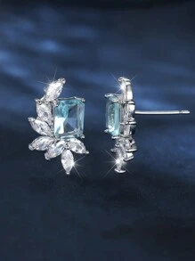 1pc Simple Sea Blue Rectangular Shape Cubic Zirconia Leaf Shaped Elegant Earring For Women, Suitable For Wedding, Engagement, And Daily Accessories