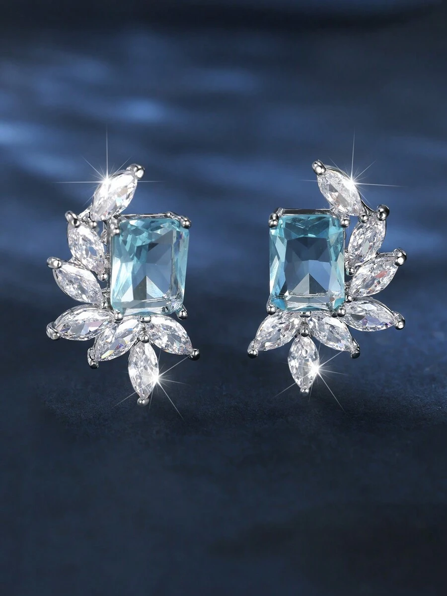 1pc Simple Sea Blue Rectangular Shape Cubic Zirconia Leaf Shaped Elegant Earring For Women, Suitable For Wedding, Engagement, And Daily Accessories